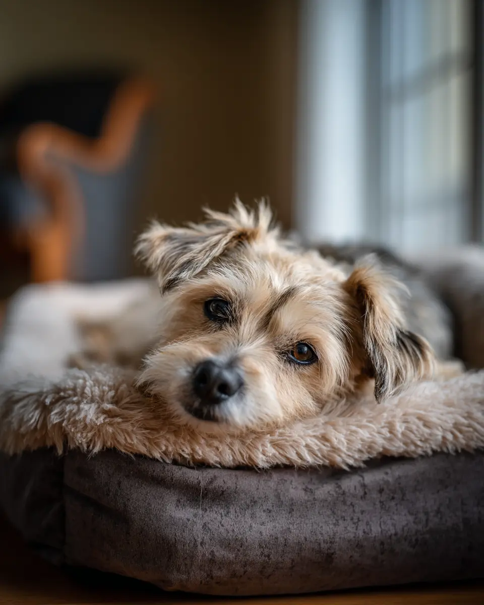 면역력 저하로 기력이 없어 침대에 축 늘어져 누워있는 강아지의 무기력한 모습을 담은 일상 사진