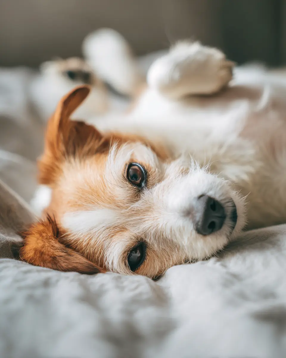 장 건강이 좋아 편안하게 누워 휴식을 취하는 건강한 강아지의 배 부분을 중심으로 촬영한 사진