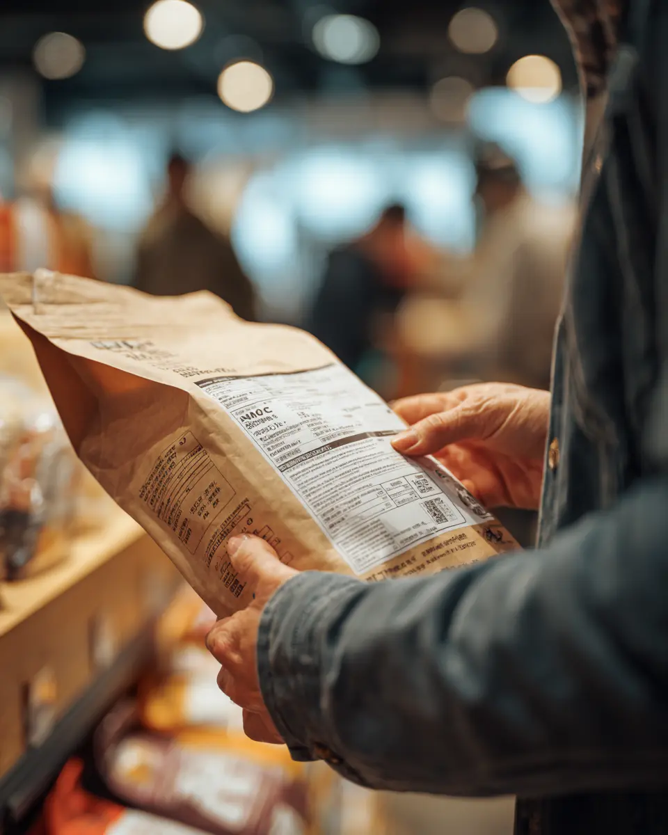 강아지 사료의 AAFCO 기준 단백질 함량을 확인하며 영양 성분표를 꼼꼼히 읽는 보호자의 모습