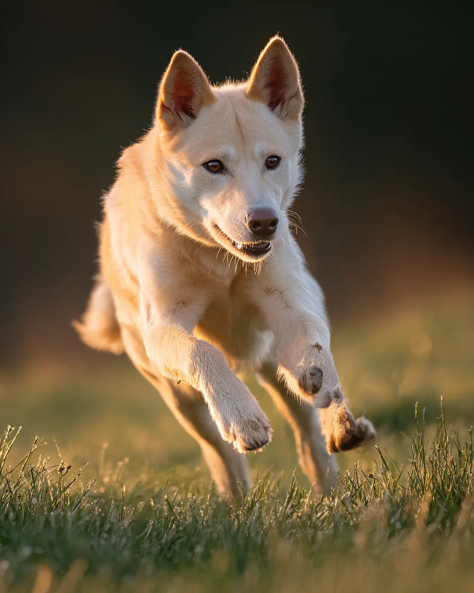 아침 햇살 아래 풀밭을 힘차게 달리는 건강한 강아지의 활기찬 모습