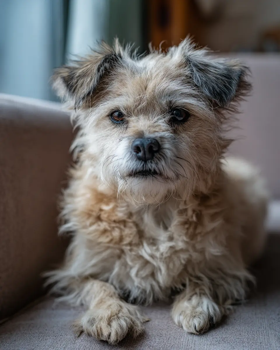 지방 부족으로 털이 푸석해지고 비듬이 생긴 강아지의 모습을 보여주는 사진