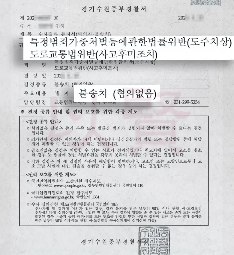 비접촉사고 도추지상 혐의를 받은 의뢰인의 불송치결정문