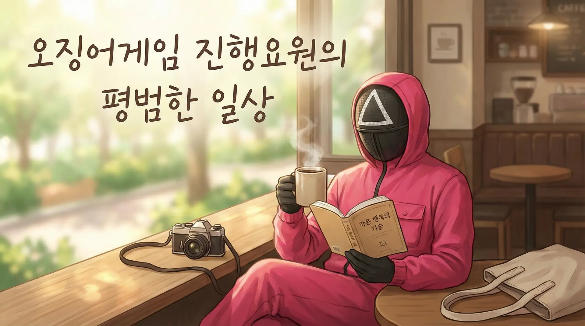 캐럿에서 나노바나나 프로를 활용한 유튜브 썸네일 제작 예시. '오징어 게임 진행요원의 평범한 일상'을 주제로 한 유튜브 썸네일.