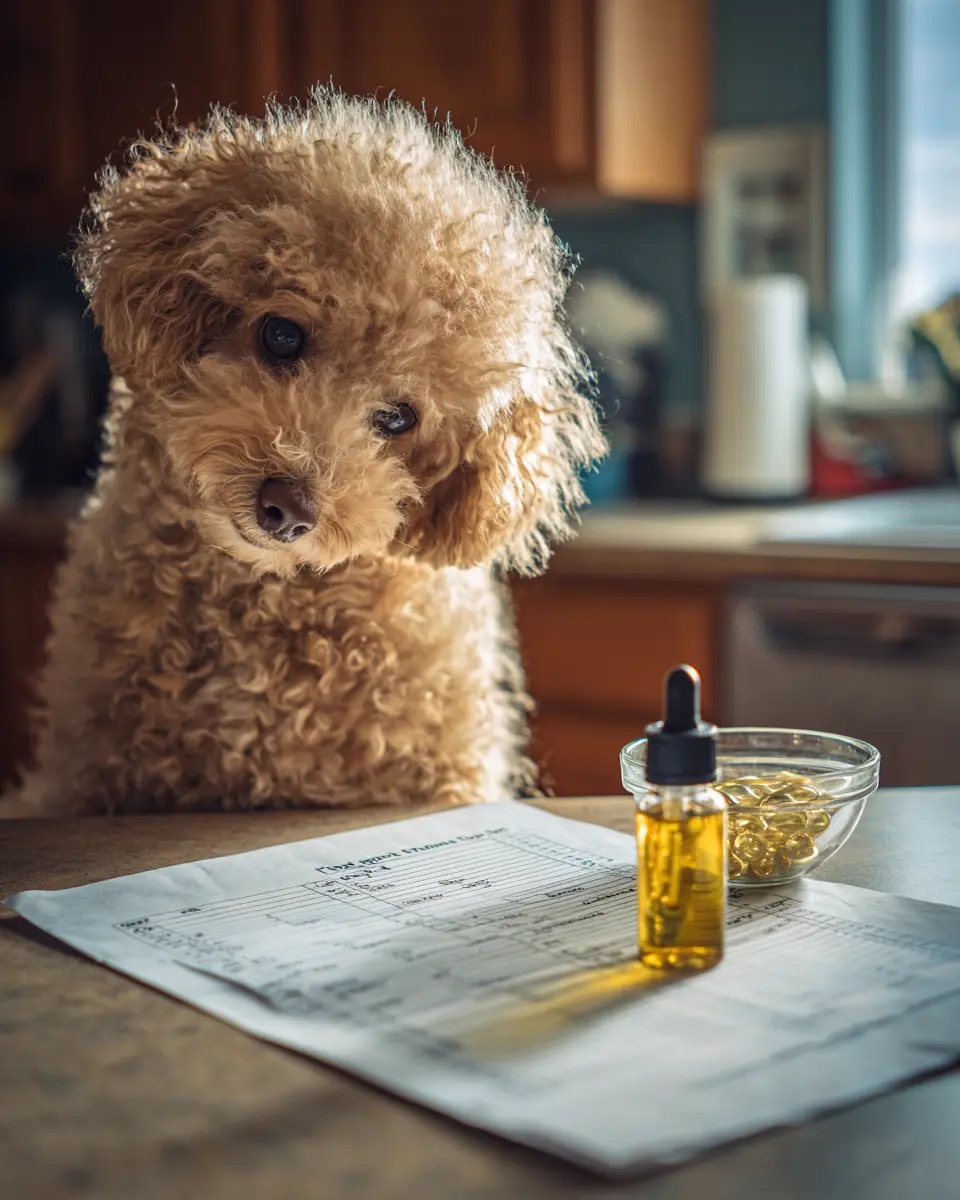 소형견 토이푸들에게 급여할 오메가3 오일을 스포이드로 정확하게 측정하는 일상적인 급여 준비 과정