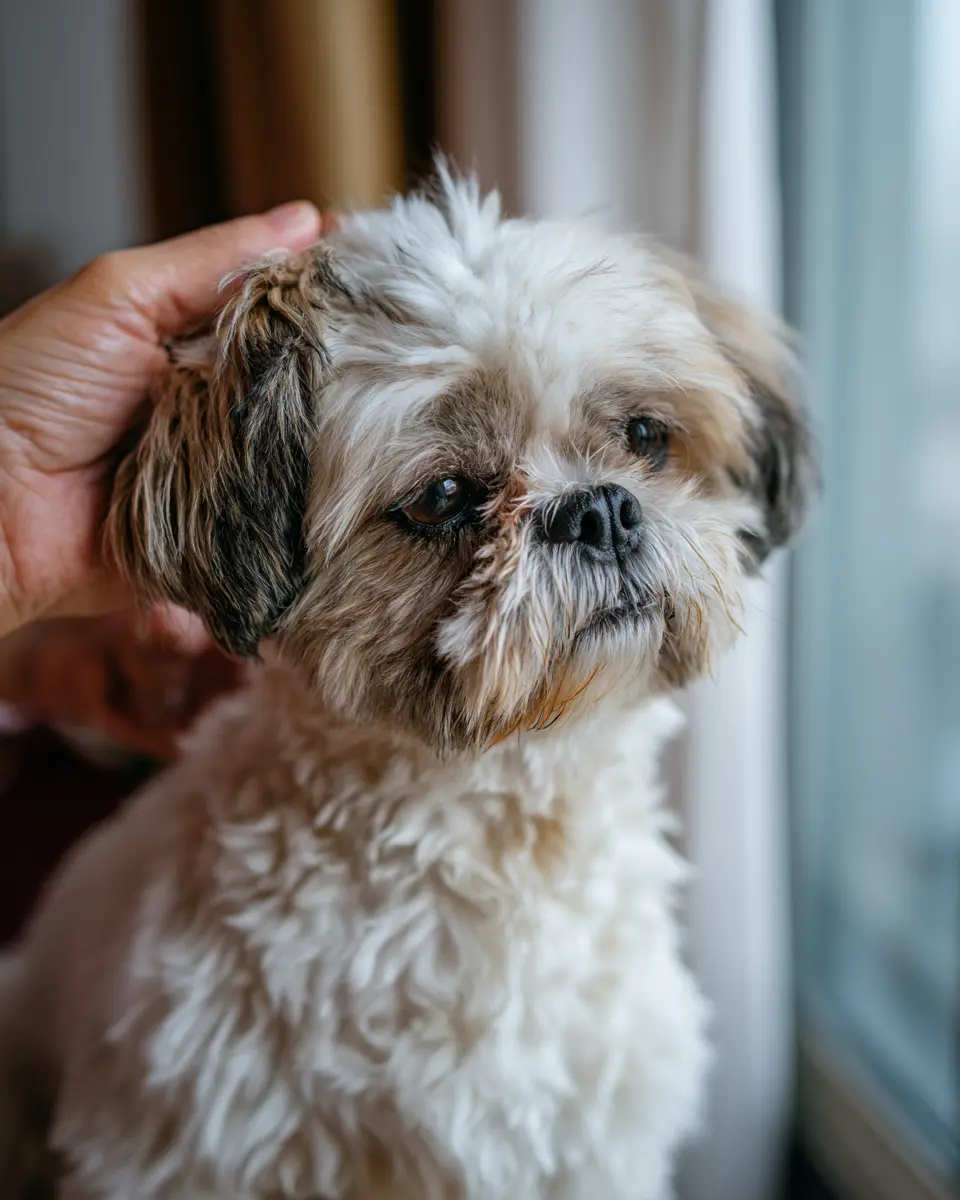 오메가3 필수지방산 결핍으로 인해 푸석하고 윤기 없는 털과 건조한 피부를 보이는 소형견의 건강 이상 신호