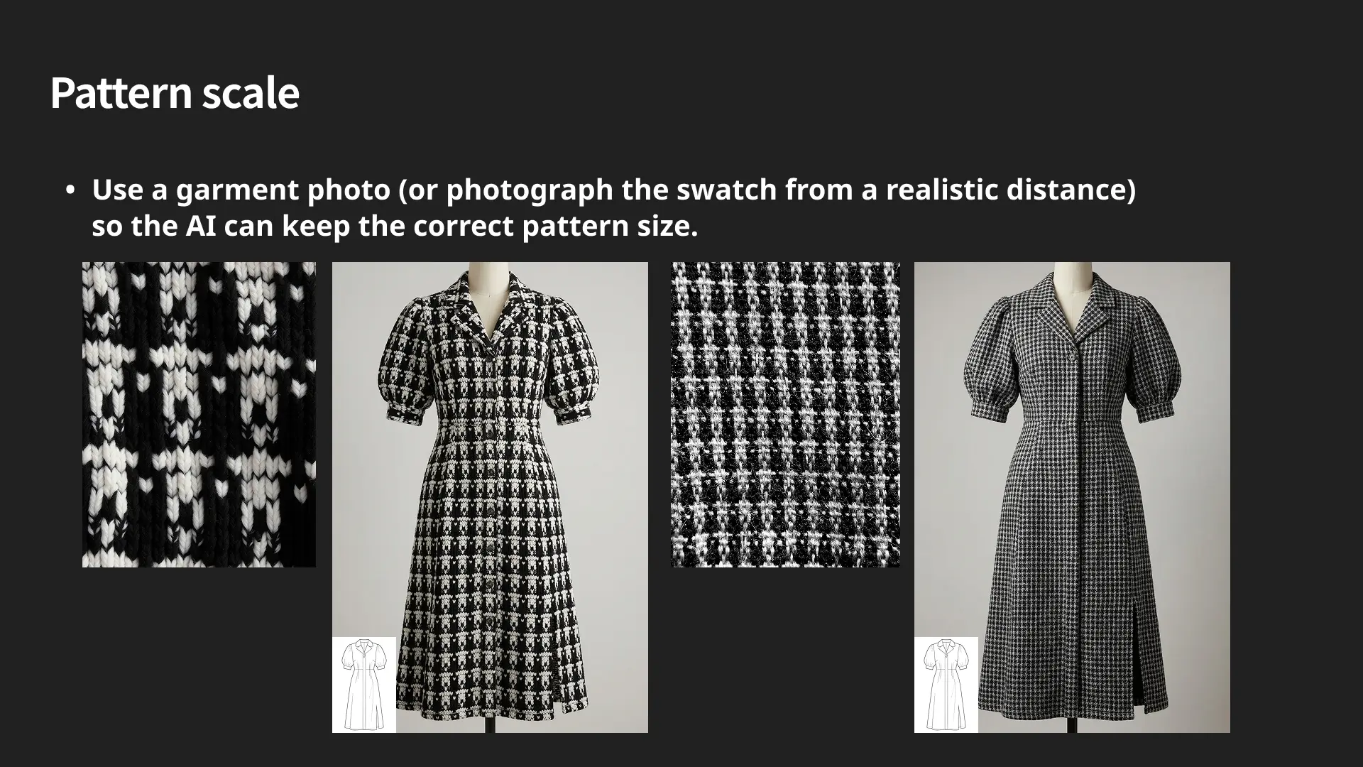 Comparison of correct and incorrect fabric pattern scale: garment photos vs close-up swatches. Showing how using a garment photo or photographing a swatch from a realistic distance helps AI maintain accurate pattern size, while macro swatch images cause scale distortion.