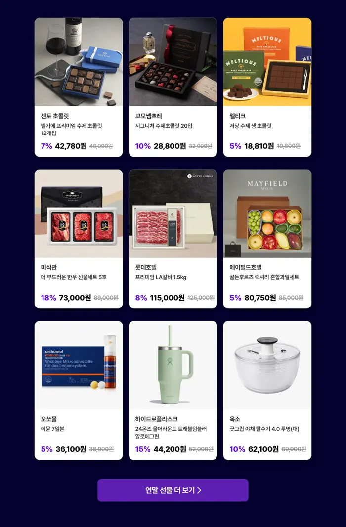 연말 선물 추천 상품 리스트. 센토 초콜릿, 꼬모쎔쁘레 수제 초콜릿, 멜티크 생 초콜릿 등의 디저트류와 미식관 한우 세트, 롯데호텔 LA갈비, 메이필드호텔 과일 세트 등의 식품류, 그리고 오쏘몰 이뮨, 하이드로플라스크 텀블러, 옥소 야채 탈수기 등 다양한 가격대의 상품들이 할인율 및 가격과 함께 나열되어 있다.