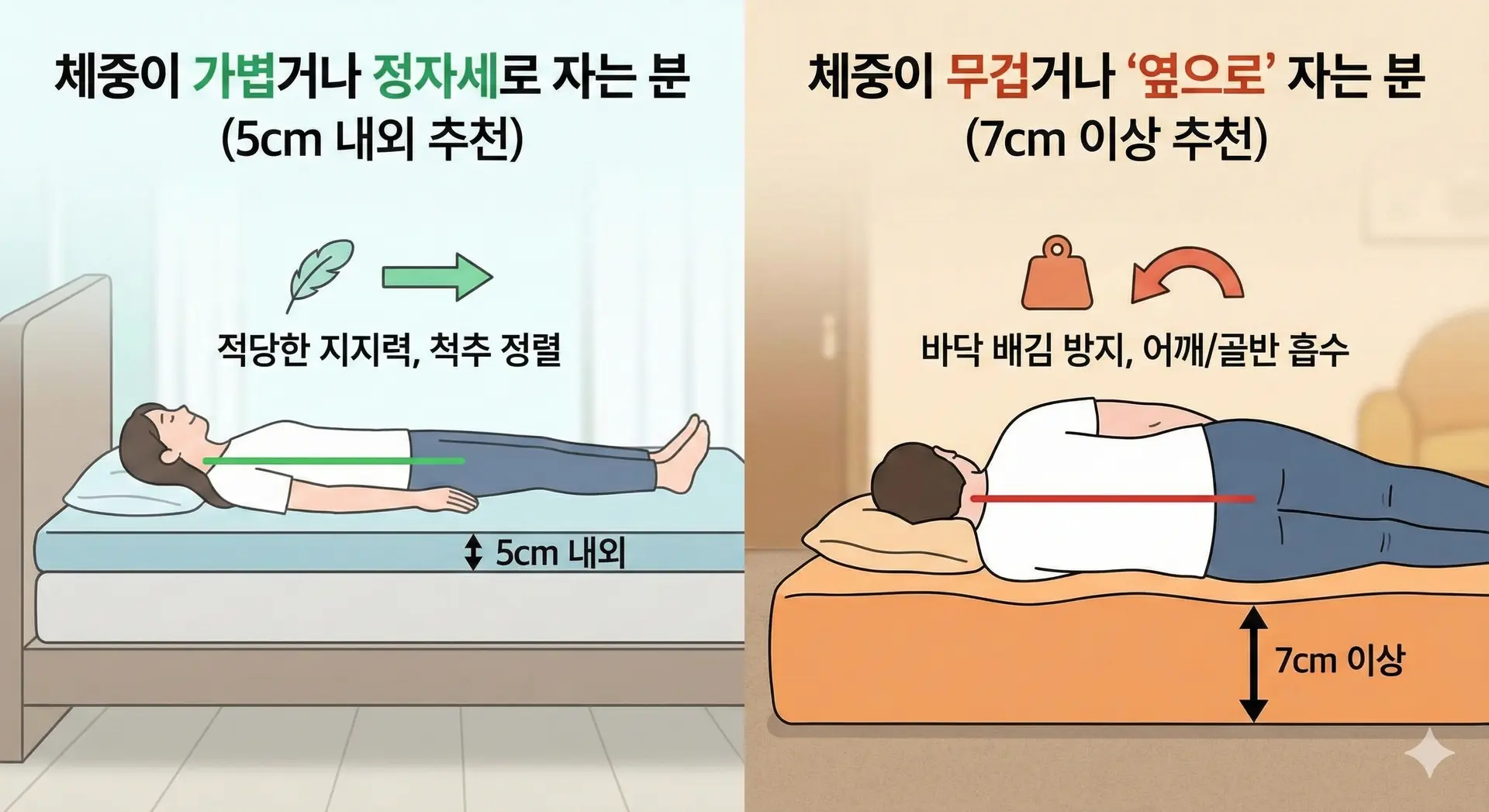 image_4.png 대체 텍스트: 체형과 수면 자세에 따른 매트리스 토퍼 두께 추천 인포그래픽입니다. 왼쪽은 체중이 가볍거나 정자세로 자는 사람에게 5cm 내외의 얇은 토퍼를 추천하며 적당한 지지력과 척추 정렬 효과를 깃털 아이콘과 함께 보여줍니다. 오른쪽은 체중이 무겁거나 옆으로 자는 사람에게 7cm 이상의 두꺼운 토퍼를 추천하며 바닥 배김 방지와 어깨 및 골반의 압력 흡수 효과를 무게추 아이콘과 함께 나타냅니다.  image_5.png 대체 텍스트: 3~5cm 두께의 슬림형 토퍼와 7cm 이상 두께의 볼륨형 토퍼의 특징과 사용 상황을 비교하는 이미지입니다. 왼쪽은 침대 위에 가볍고 실용적인 슬림형 토퍼를 펼치는 모습으로, 캠핑 텐트와 배낭을 함께 배치하여 이동 및 보관의 편리함을 강조합니다. 오른쪽은 바닥에 깔린 구름 같은 쿠션감의 볼륨형 토퍼 위에서 편안하게 옆으로 누워 자는 모습으로, 척추가 올바르게 정렬된 그래픽을 통해 뛰어난 지지력과 안락함을 보여줍니다.