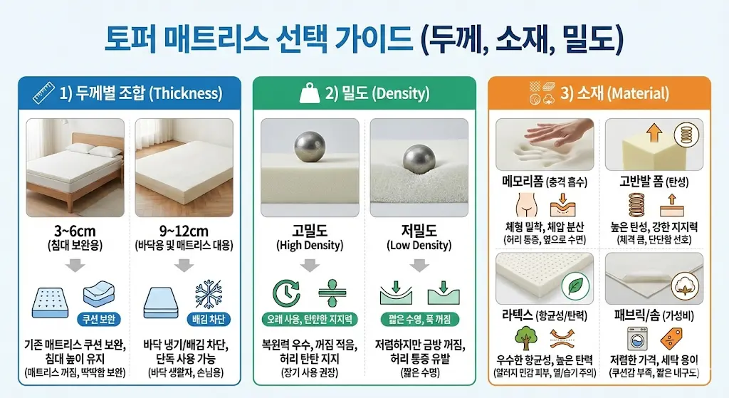 토퍼 매트리스 선택 가이드 인포그래픽. 사용 목적에 따른 두께(침대 보완용 3~6cm, 바닥용 9~12cm) 추천과 내구성을 위한 고밀도 여부 확인 필요성, 그리고 메모리폼, 고반발 폼, 라텍스 등 주요 소재별 특징과 장단점을 비교 분석한 이미지입니다
