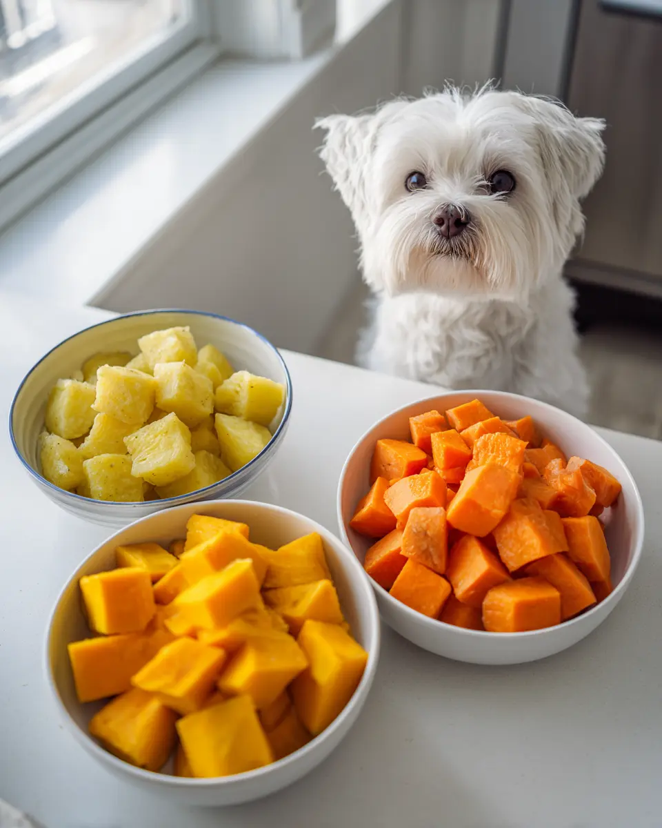 반려견에게 급여할 수 있는 세 가지 탄수화물 식재료인 감자, 고구마, 단호박을 비교하는 영양 교육용 사진