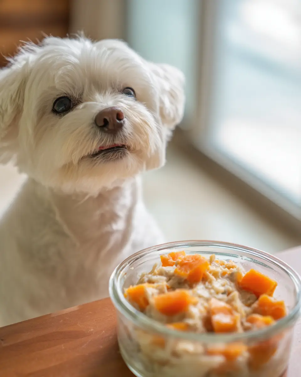 수분 함량이 높아 탄수화물과 함께 급여해도 소화 부담이 적은 화식의 촉촉한 질감과 영양 균형을 보여주는 클로즈업