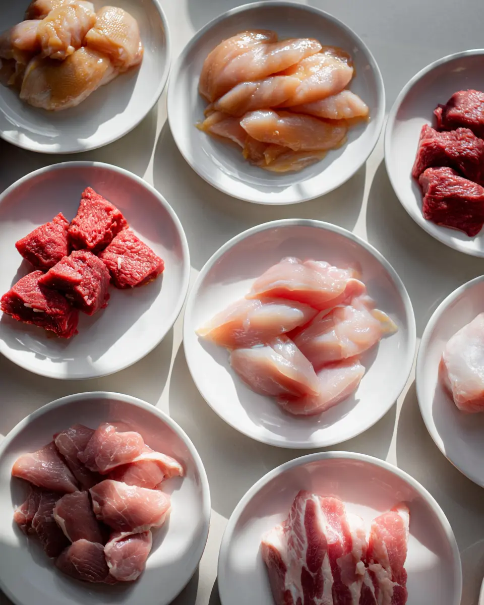 닭고기 쇠고기 돼지고기의 칼슘과 인 비율 불균형을 보여주는 강아지 화식 식재료 영양 분석