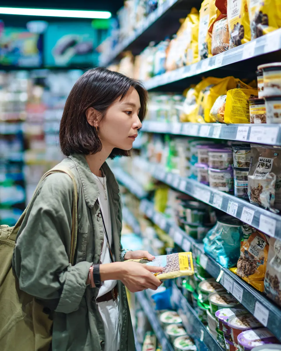 시중 수제 화식 제품의 칼슘과 인 비율 불균형 문제를 확인하기 위해 영양 성분표를 꼼꼼히 확인하는 반려인