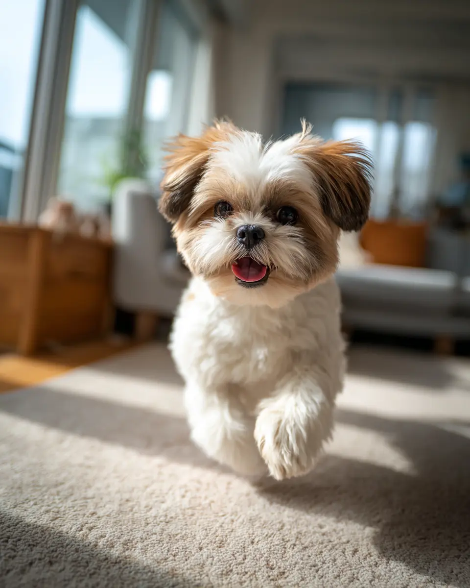 퀴노아의 완전 단백질과 필수 아미노산으로 건강한 근육과 윤기 나는 털을 유지하는 시츄 소형견의 활발한 모습