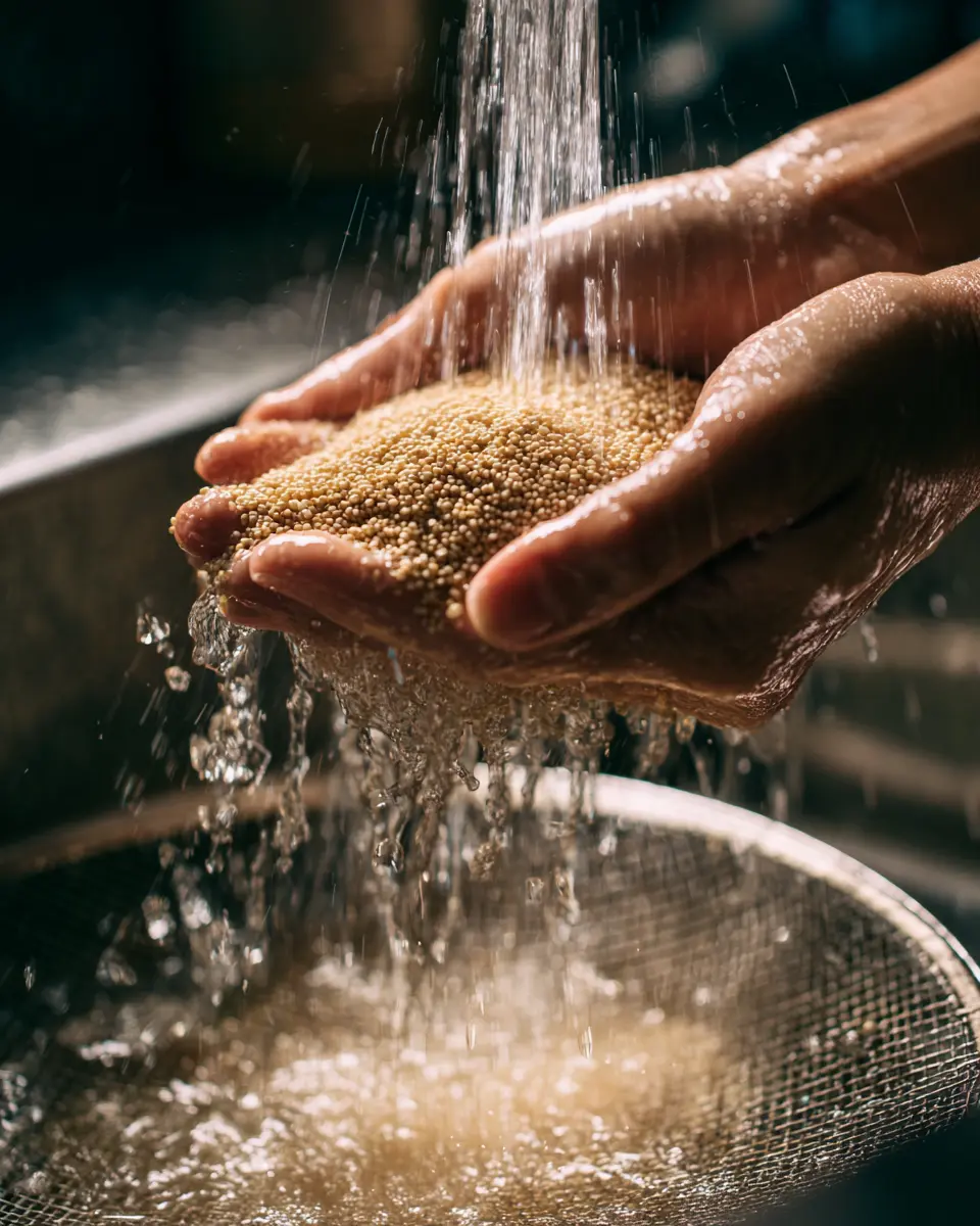강아지에게 안전하게 급여하기 위해 퀴노아 표면의 사포닌을 제거하는 흐르는 물 세척 과정