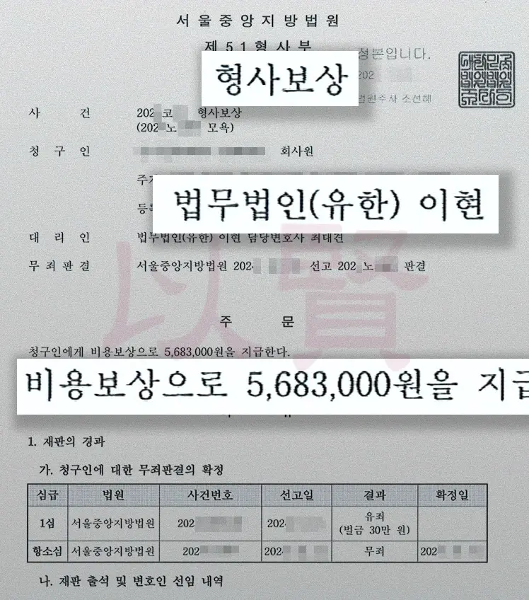 악플 고소 항소심 무죄 후 형사보상금 지급 결정문
