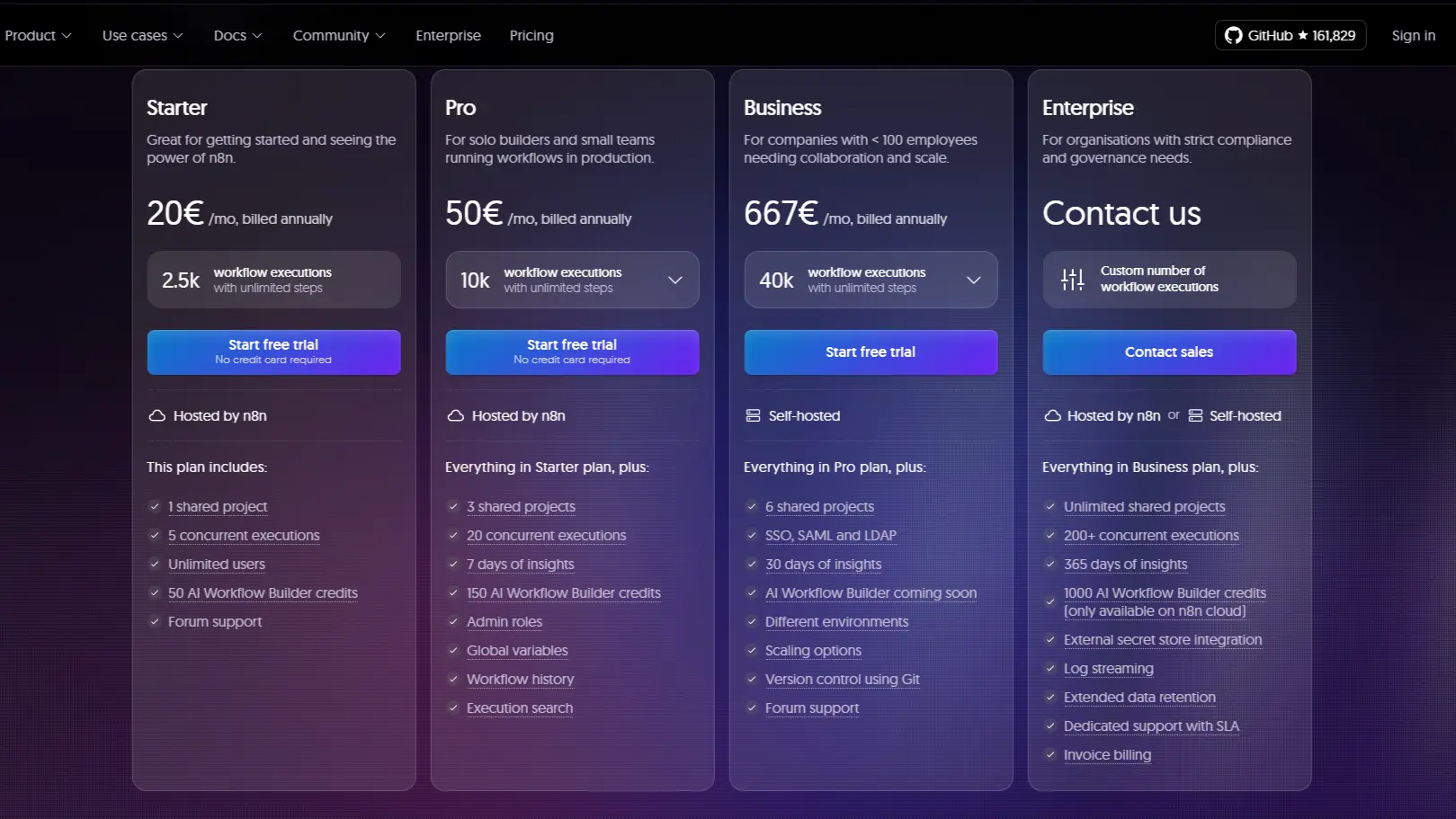n8n 플랜별 가격비교
