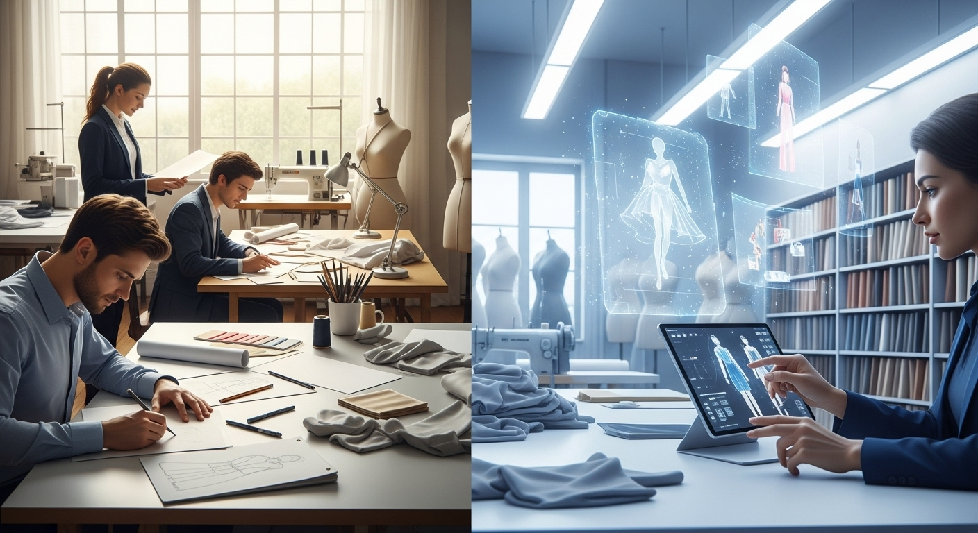 패션 디자인 작업의 과거와 미래 모습을 비교하여 보여주고 있습니다.