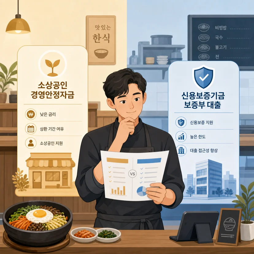 안양 음식점 개인사업자 소진공 vs 신용보증기금 금리·한도·상환기간 비교표