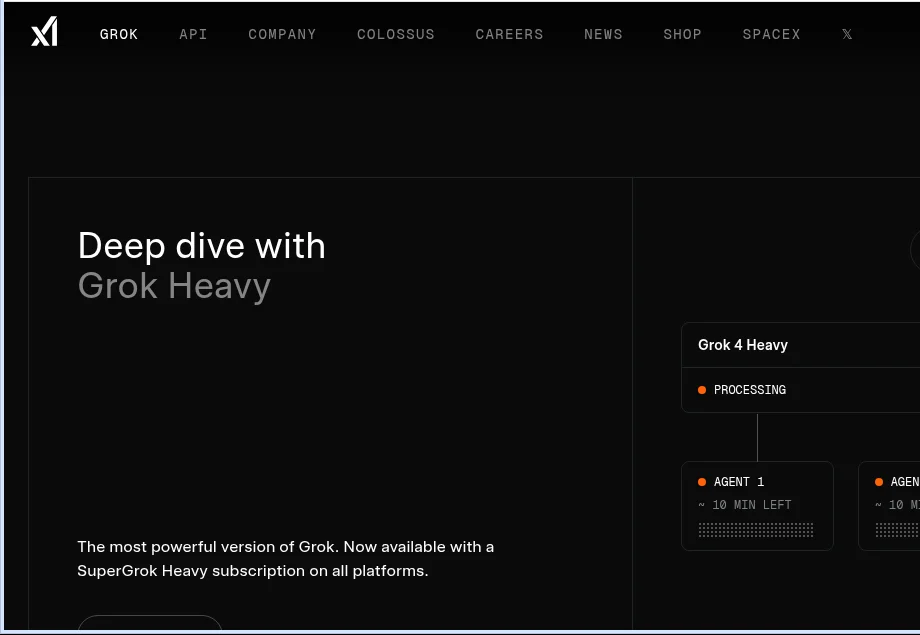 Grok Heavy 멀티 에이전트 UI - Grok 4 Heavy가 3개의 에이전트를 병렬로 실행하는 화면