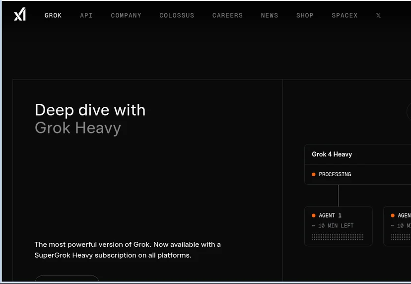 Grok Heavy 멀티 에이전트 UI - Grok 4 Heavy가 3개의 에이전트를 병렬로 실행하는 화면