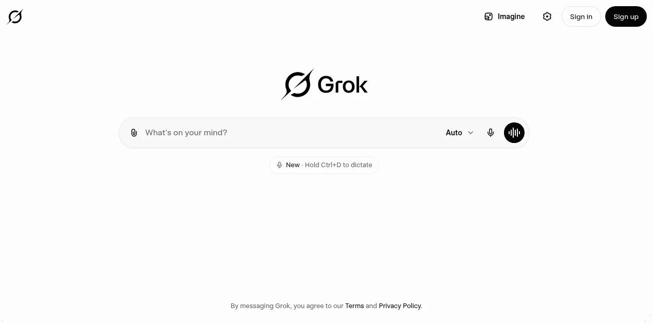Grok 메인 화면 - 대화 입력창과 Auto 모드 선택, Imagine 버튼이 있는 인터페이스