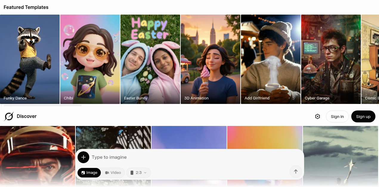 Grok Imagine 페이지 - Featured Templates 갤러리와 프롬프트 입력창, Image와 Video 토글 선택