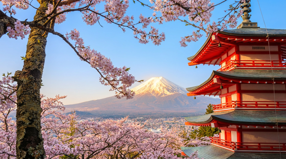 후지산과 오층탑이 보이는 일본 벚꽃 명소 풍경