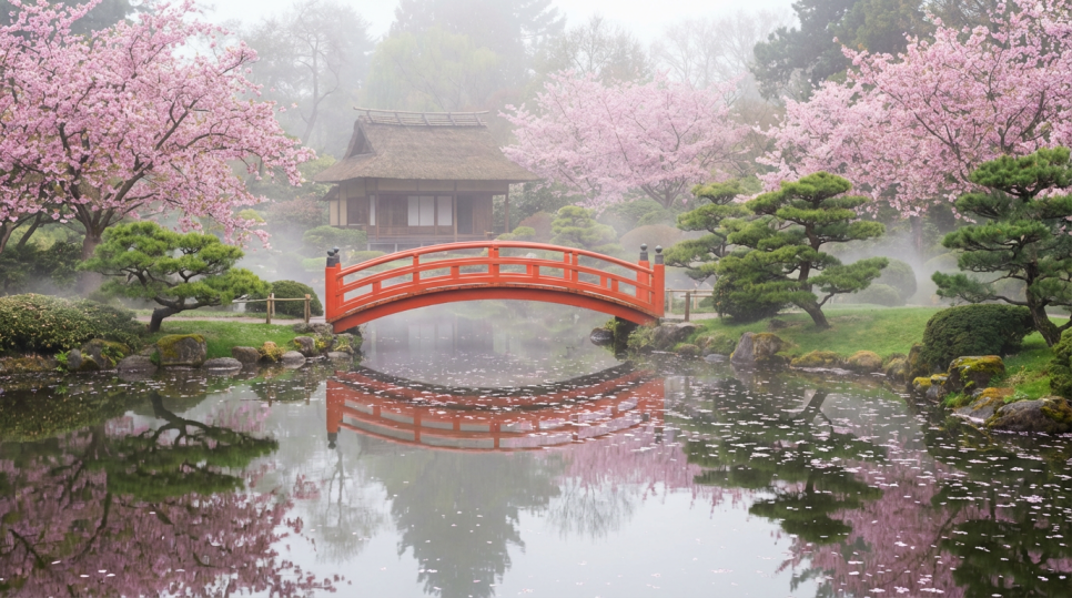 일본 정원의 빨간 다리와 만개한 벚꽃 풍경