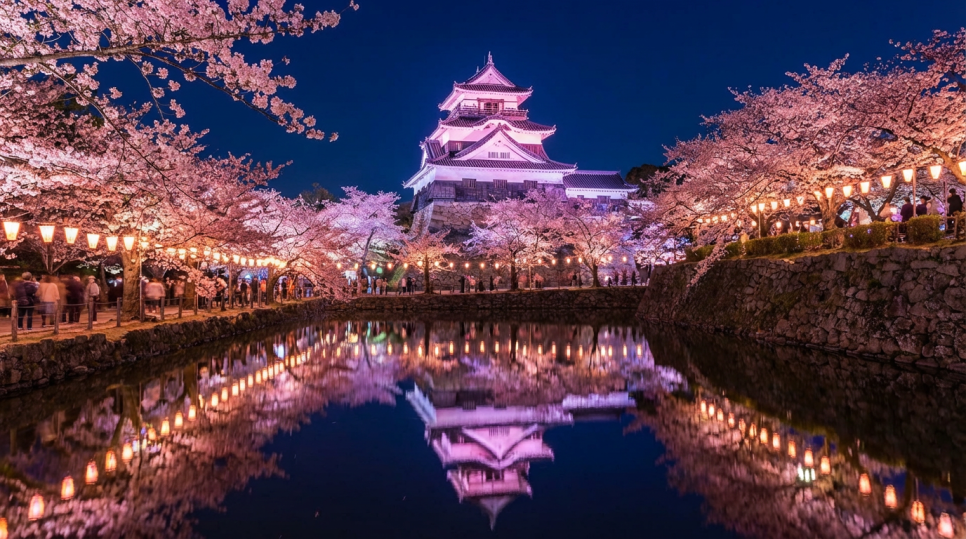 일본 성 야간 라이트업과 야벚꽃 감상 명소
