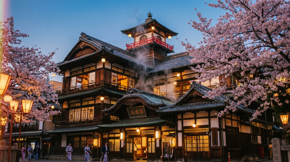 온천과 벚꽃이 어우러진 일본 전통 숙박 명소