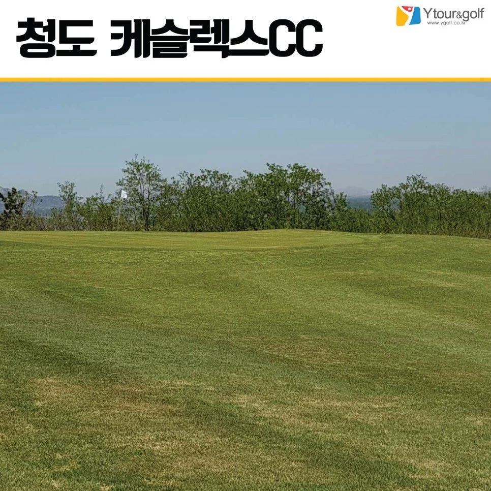 청도 캐슬렉스CC 골프장 입구 표지판과 푸른 페어웨이 전망