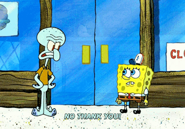 징징이가 스폰지밥의 제안에 NO THANK YOU라고 거절하는 반응 GIF