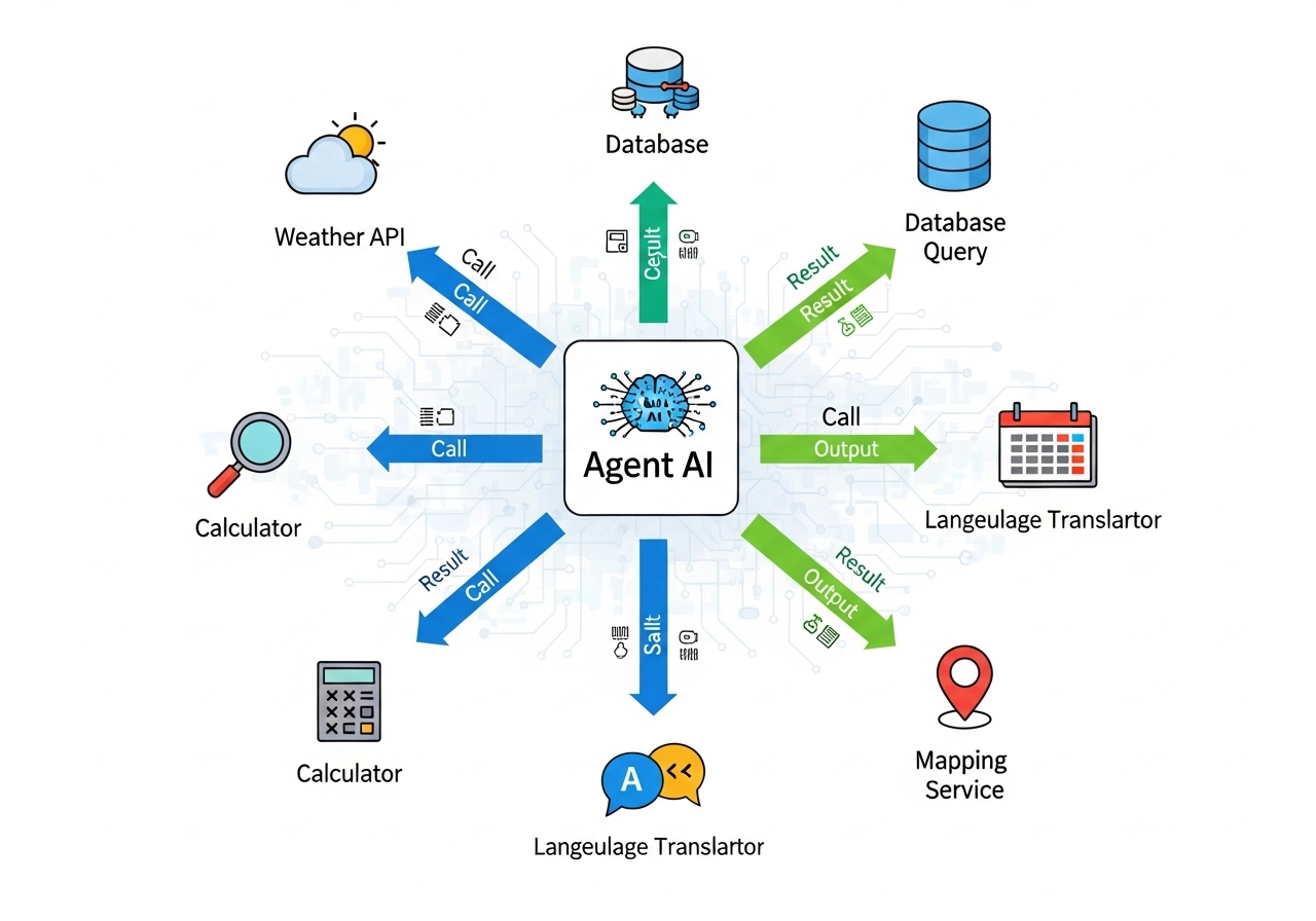 에이전트 AI가 다양한 외부 도구를 호출하는 과정을 나타내는 다이어그램