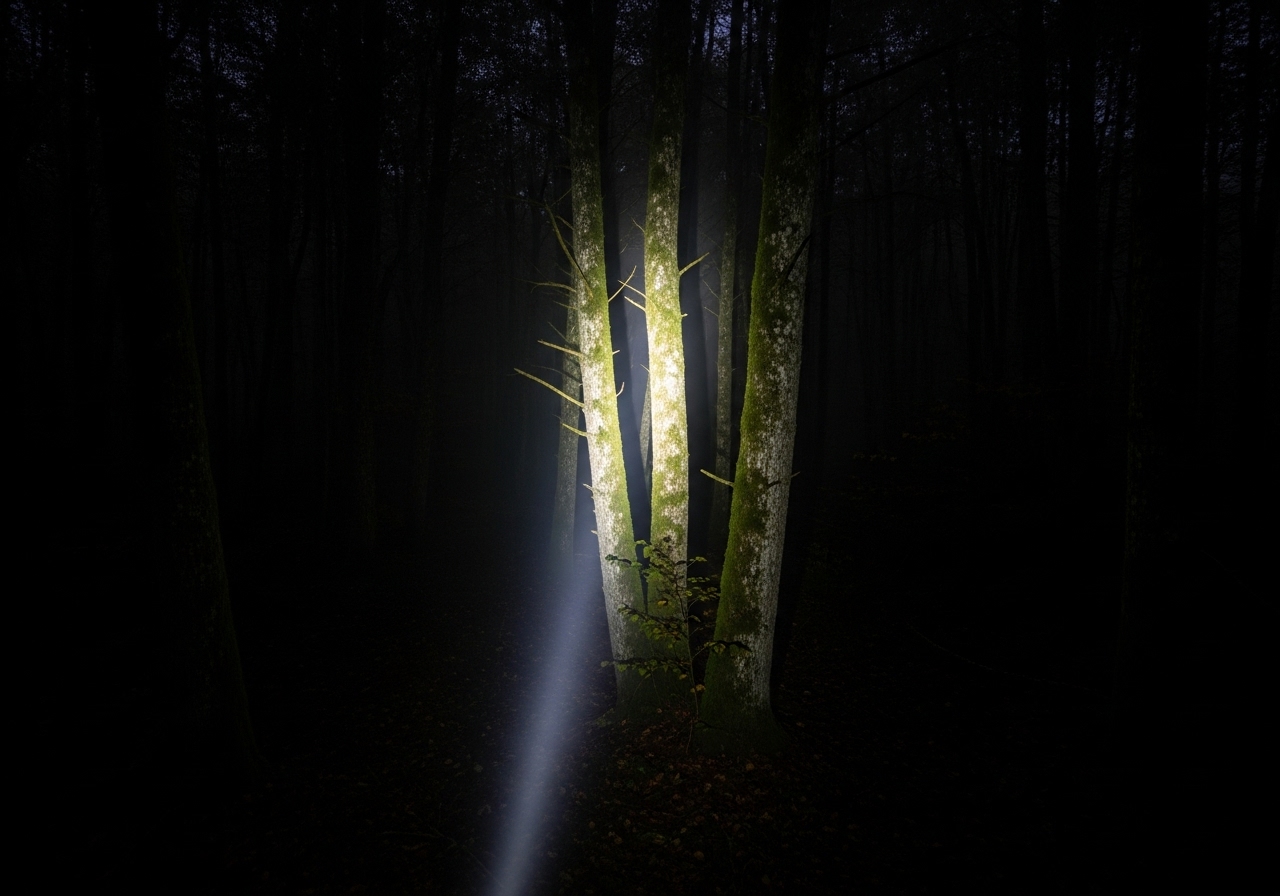 숲 속의 몇 그루 나무만 비추는 손전등 이미지로, 소규모 테스트의 한계를 상징