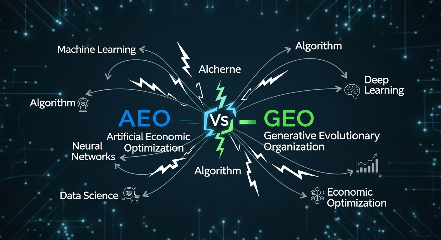 AEO, GEO 등 AI 관련 신조어와 기존 용어의 충돌을 나타내는 개념도