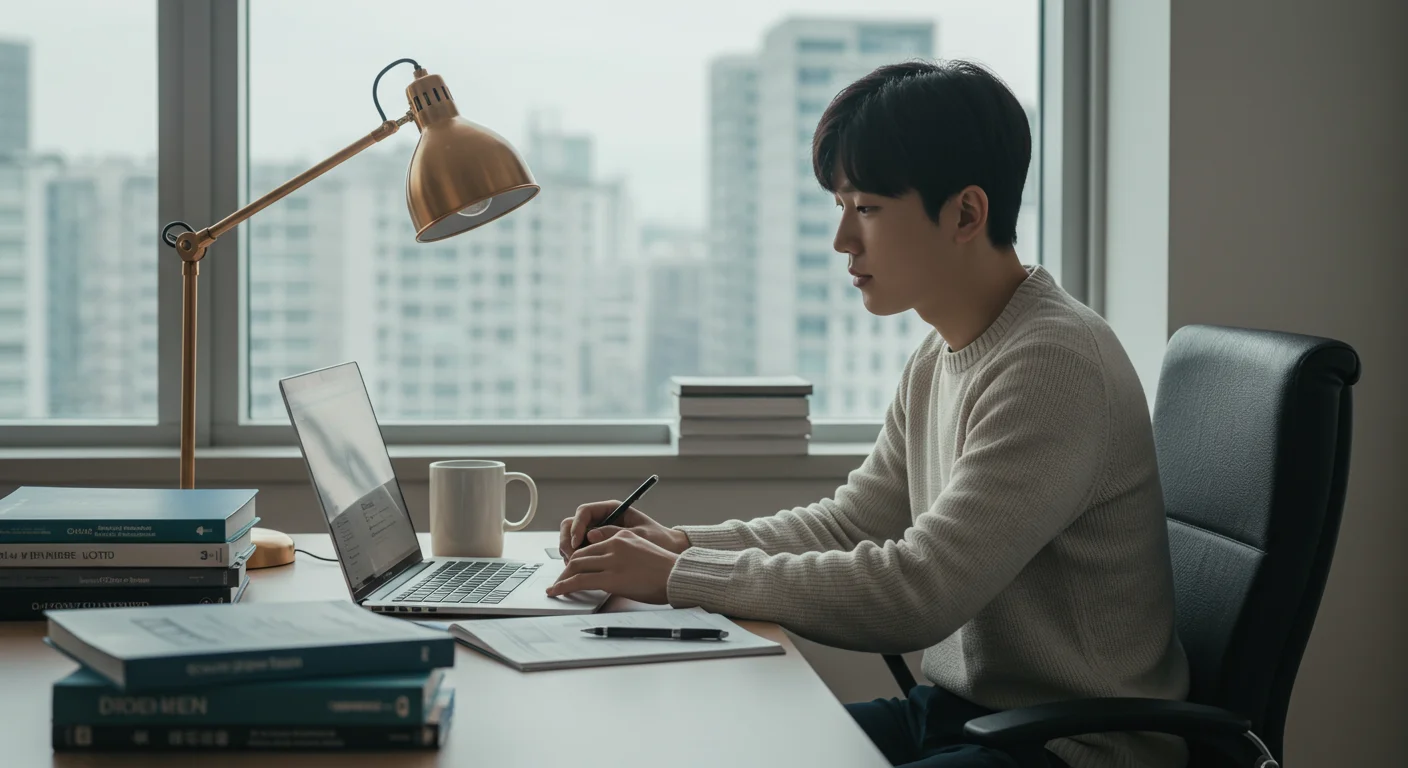 현대적인 사무실에서 노트북과 기술 매뉴얼이 놓인 책상에 앉아 있는 직장인의 모습