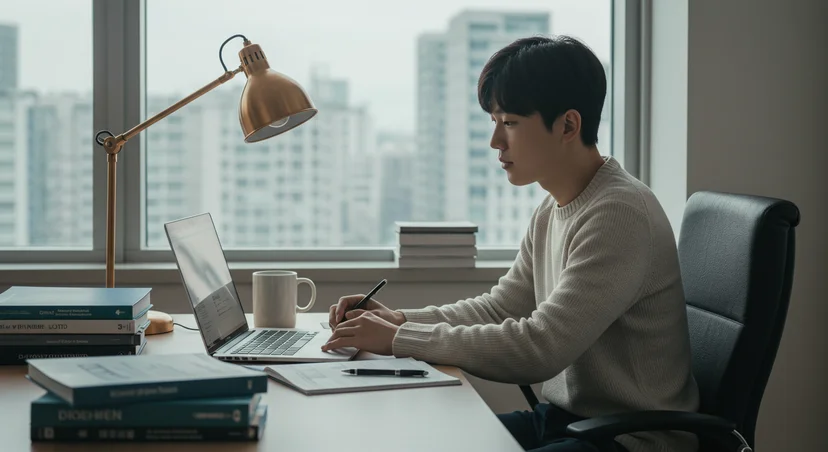 현대적인 사무실에서 노트북과 기술 매뉴얼이 놓인 책상에 앉아 있는 직장인의 모습