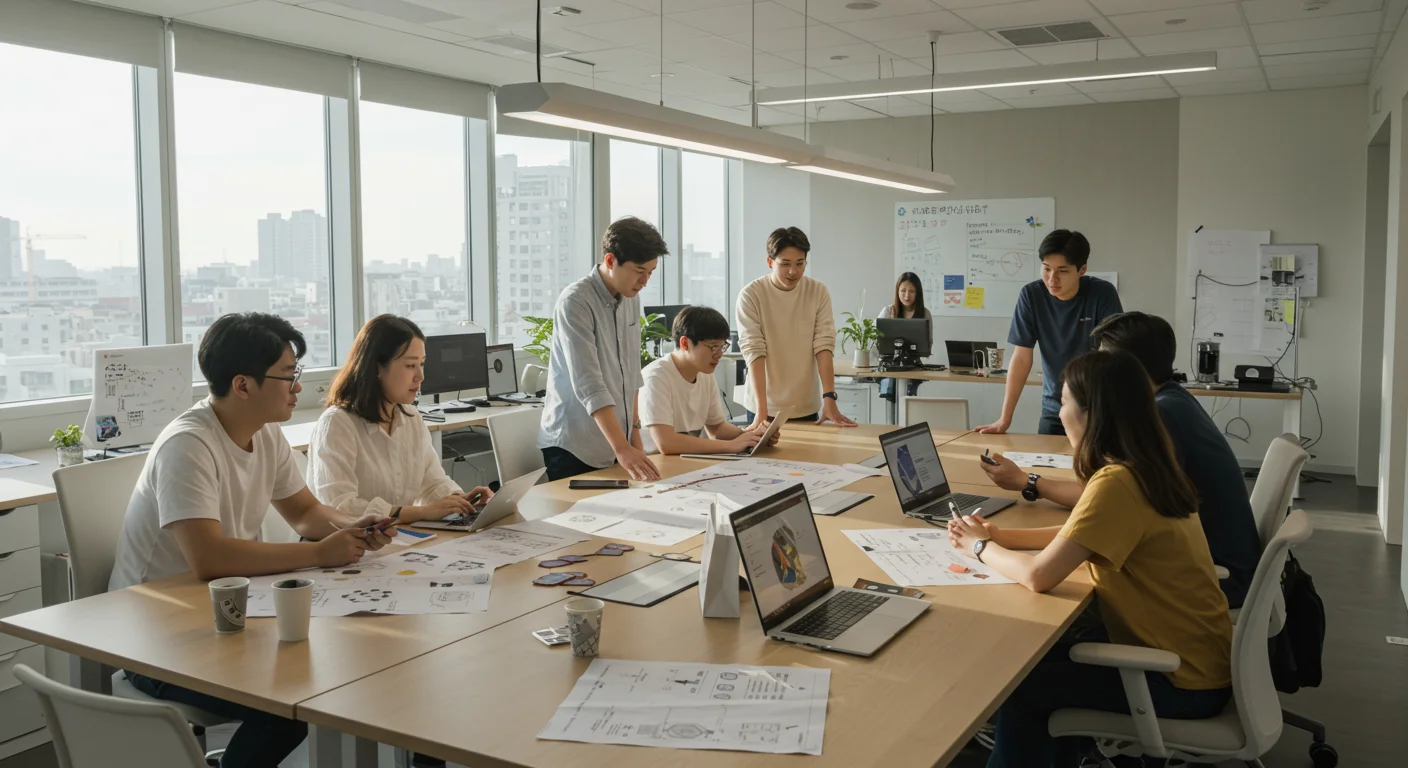 한국 스타트업 사무실에서 젊은 전문가들이 특허 관련 서류와 함께 아이디어를 논의하는 장면