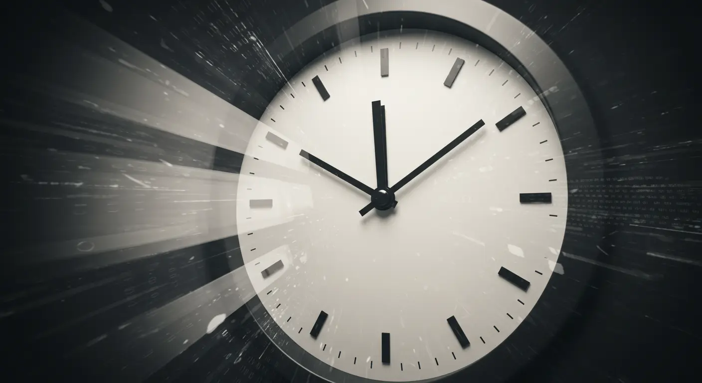 빠르게 움직이는 시계로 표현된 특허 심사 시간 단축의 상징적 이미지