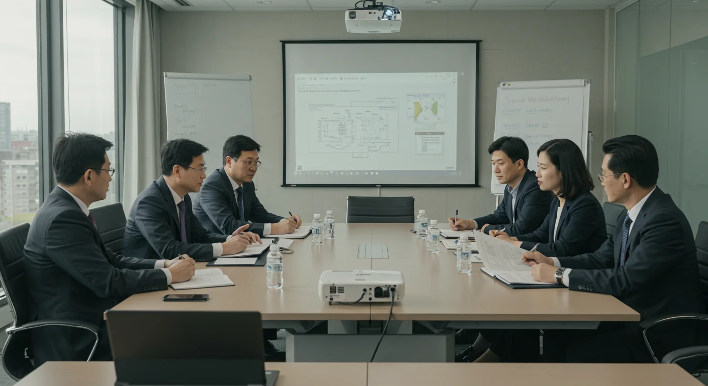 현대식 회의실에서 반도체 장비 특허를 논의하는 다양한 투자자와 기업가들