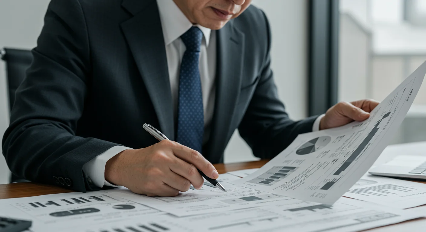 사무실에서 기술 문서를 분석하며 진지한 표정을 짓고 있는 투자자의 클로즈업
