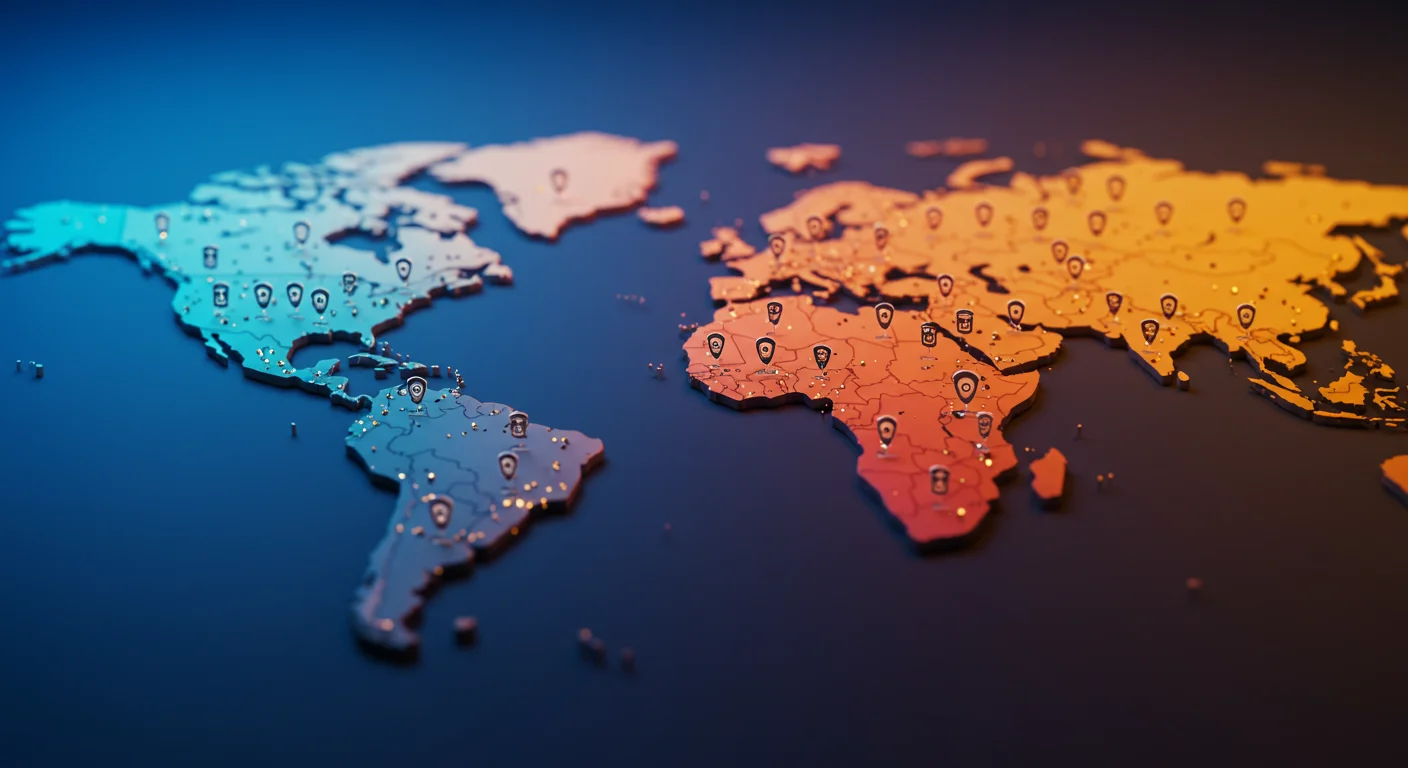 국제 시장 확장을 위한 국가별 전략을 나타내는 세계 지도와 특허 아이콘