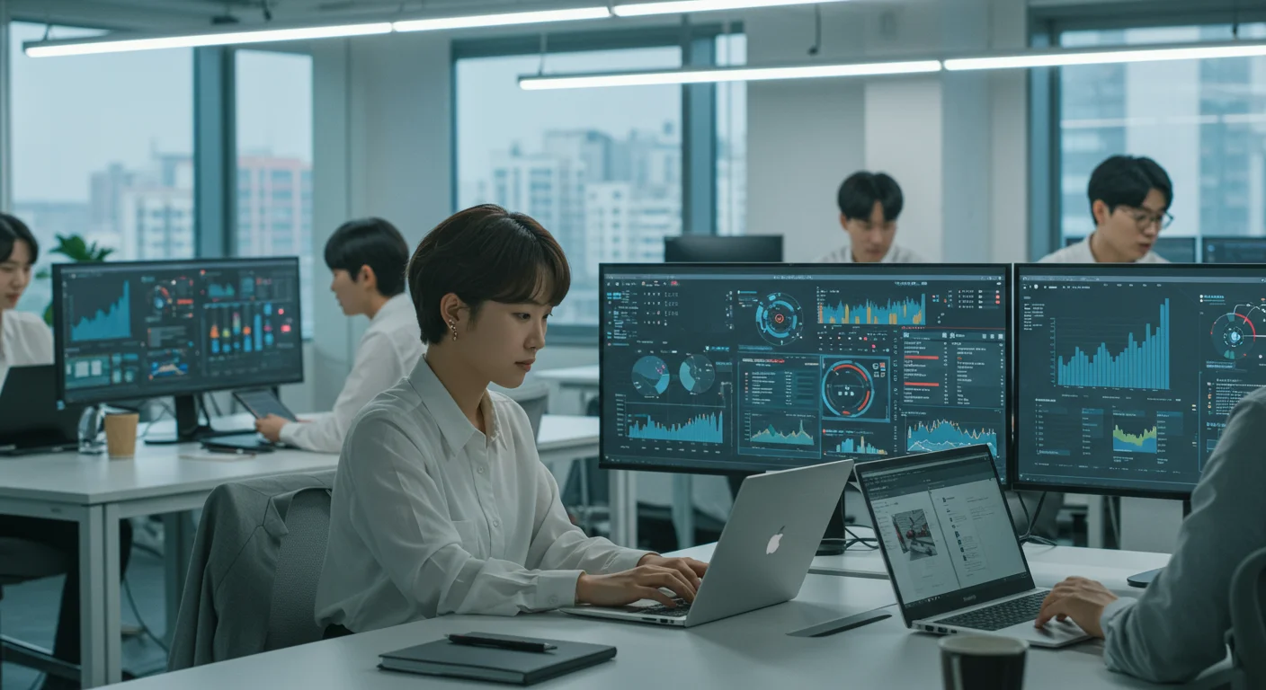 현대적인 사무실에서 데이터 분석과 AI 통합을 논의하는 직원들