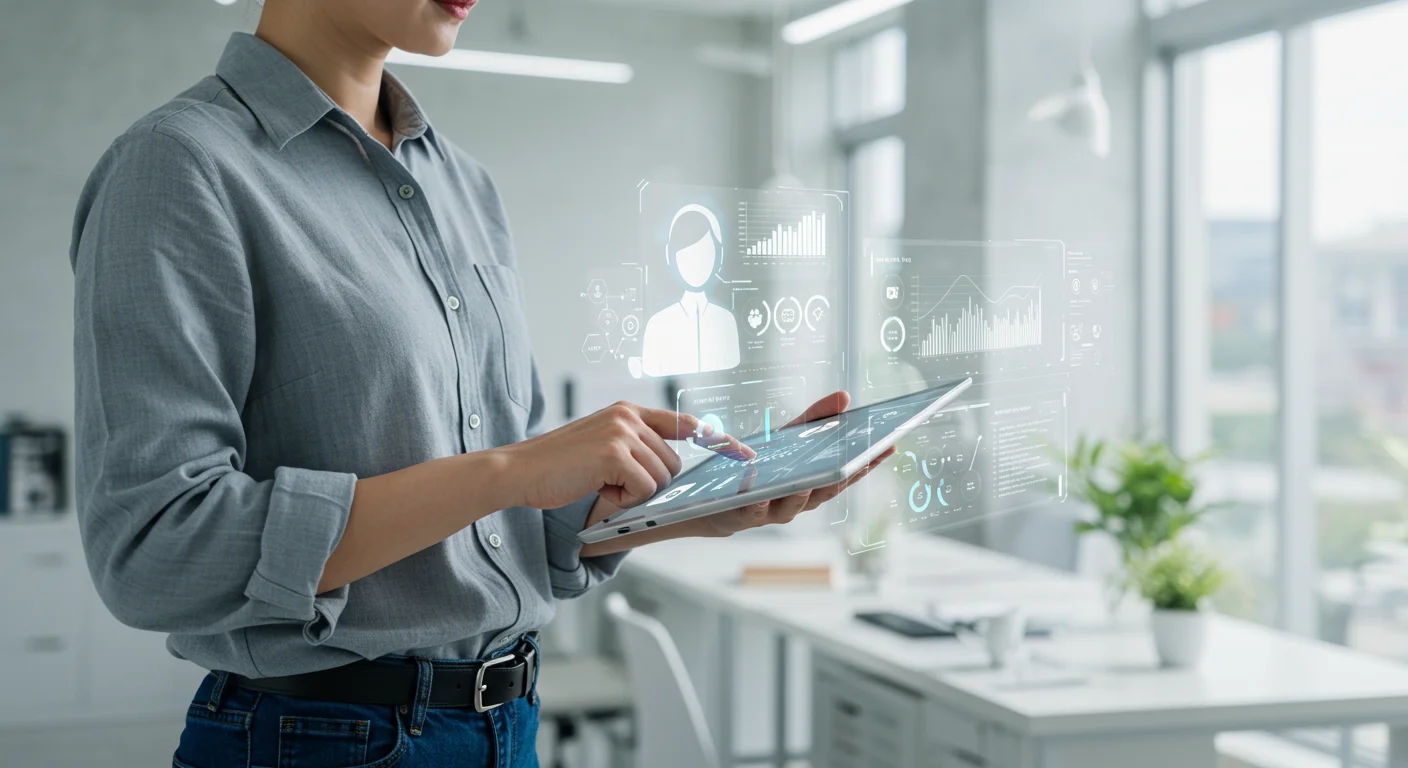 태블릿으로 업무 자동화를 돕는 디지털 비서를 사용하는 한국 직장인의 모습