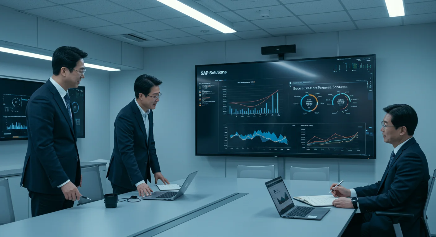 고급 회의실에서 SAP AI 솔루션 성공 사례를 분석하는 한국 경영진