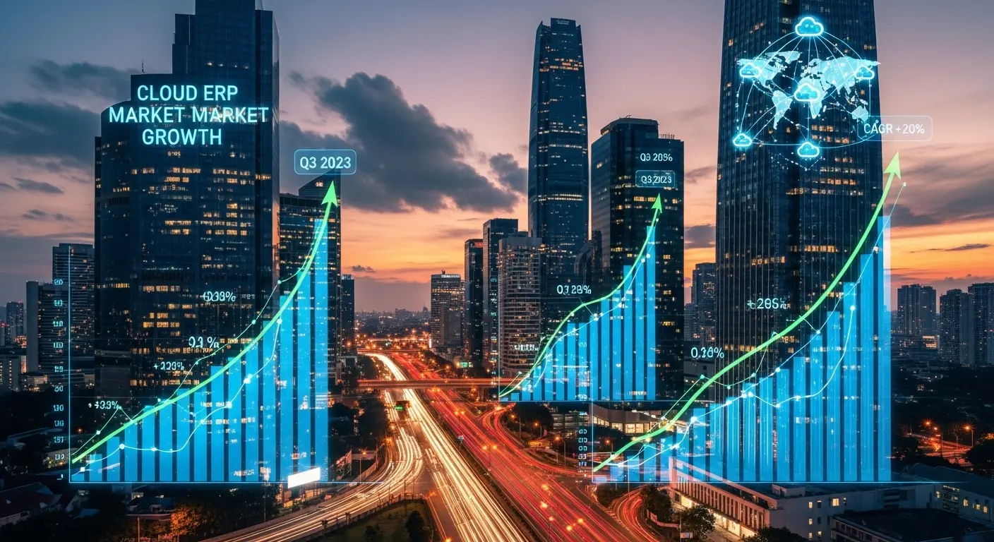 고층 빌딩이 있는 도시 풍경과 급성장하는 클라우드 ERP 시장을 나타내는 디지털 그래프