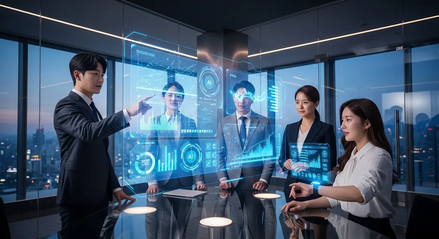 첨단 기술 사무실에서 홀로그램 AI 시스템과 상호작용하는 한국 비즈니스 전문가들