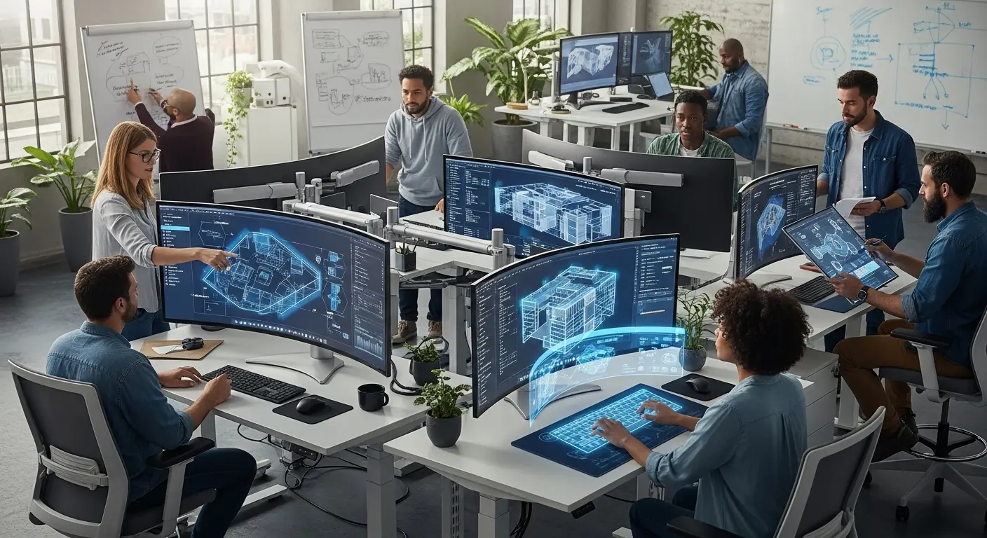 모듈형 컴퓨터 시스템과 유연한 아키텍처 다이어그램이 표시된 화면이 있는 현대적 작업 공간