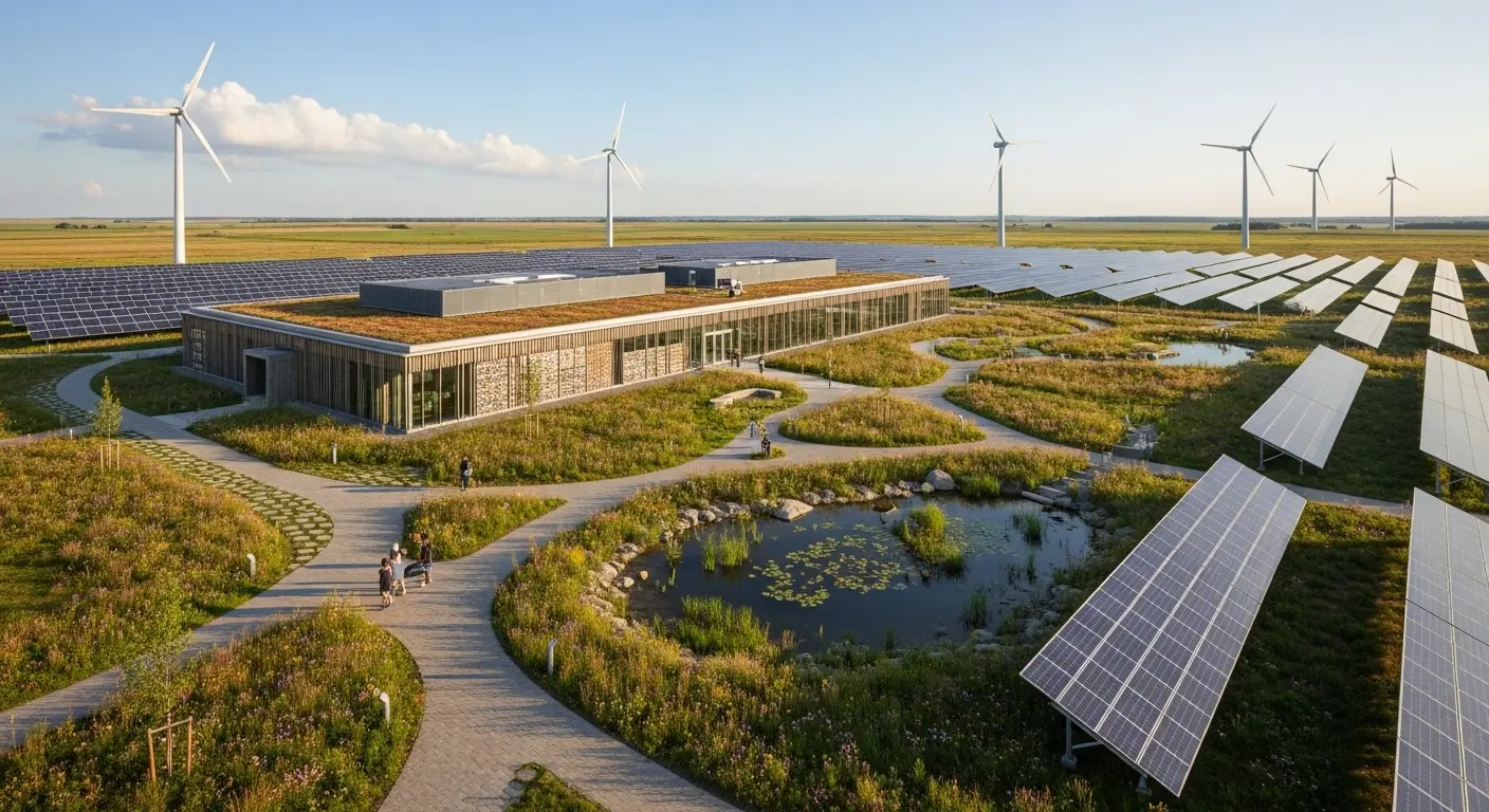 친환경 에너지원을 갖춘 데이터센터와 태양광 패널 및 풍력 터빈이 있는 풍경